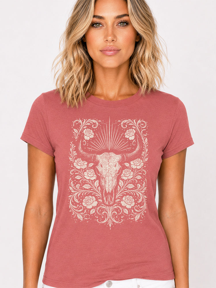 Floral Steer Skull Graphic Tee