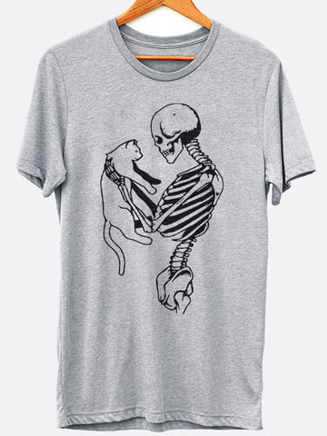 Skeleton Holding Cat Graphic Tee